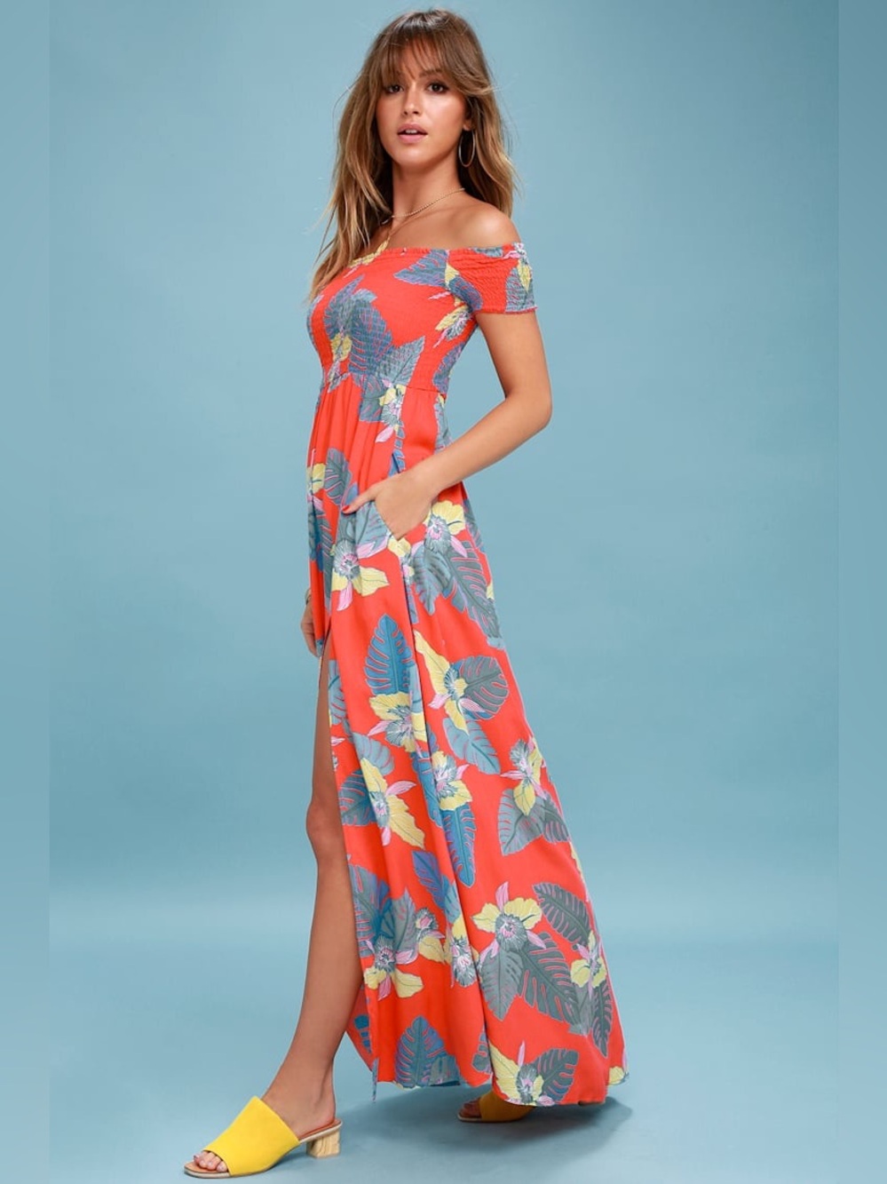 Lulu’s Lulus Patsy Coral Red Floral Print Off-the-Shoulder Dress Large Maxi